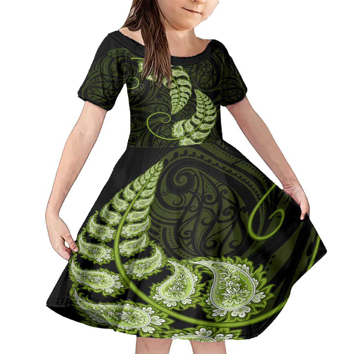 Green New Zealand Paisley Silver Fern Family Matching Long Sleeve Bodycon Dress and Hawaiian Shirt Aotearoa Maori LT14 Daughter's Dress Green - Polynesian Pride