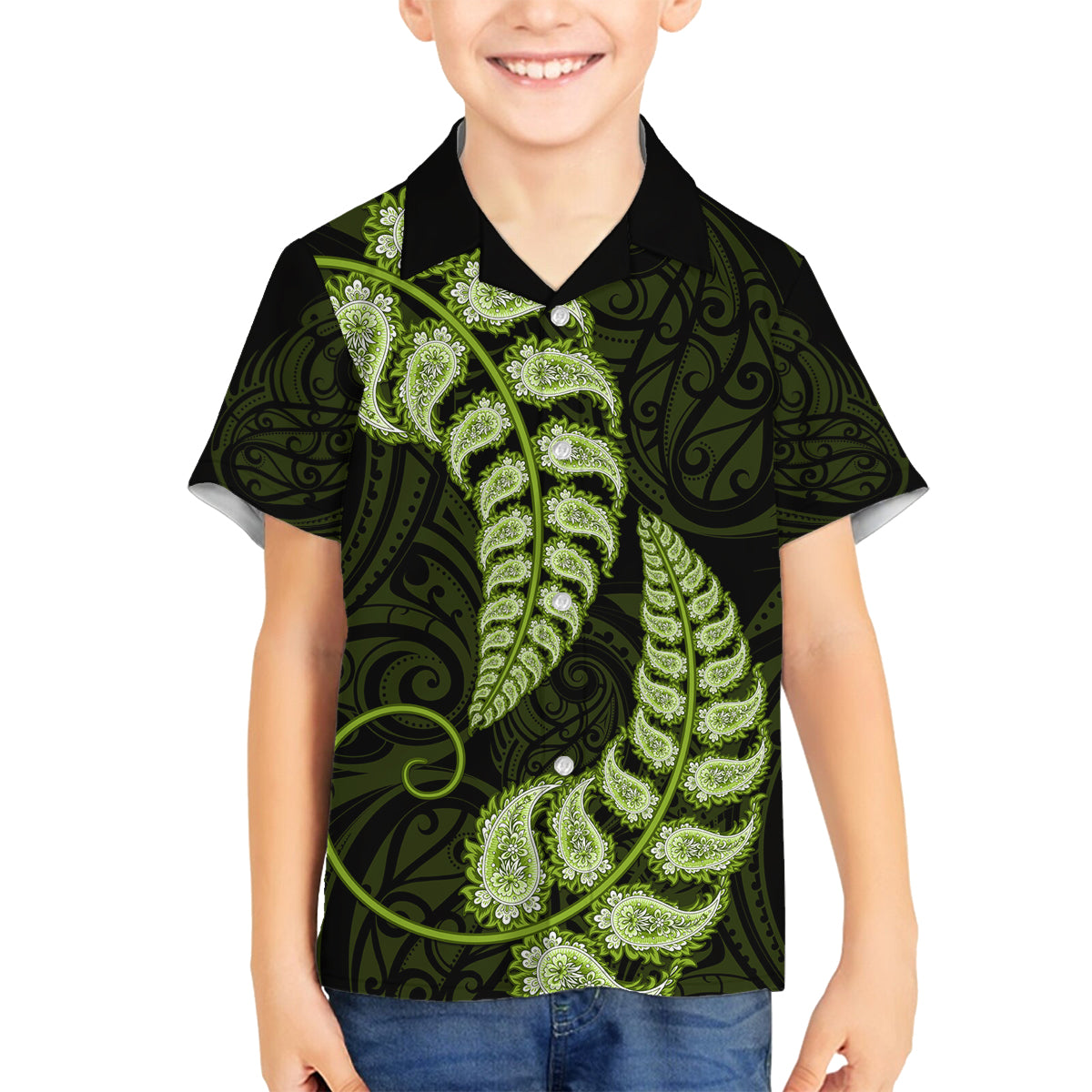 Green New Zealand Paisley Silver Fern Family Matching Long Sleeve Bodycon Dress and Hawaiian Shirt Aotearoa Maori LT14 Son's Shirt Green - Polynesian Pride