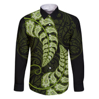 Green New Zealand Paisley Silver Fern Family Matching Puletasi Dress and Hawaiian Shirt Aotearoa Maori LT14 Dad's Shirt - Long Sleeve Green - Polynesian Pride