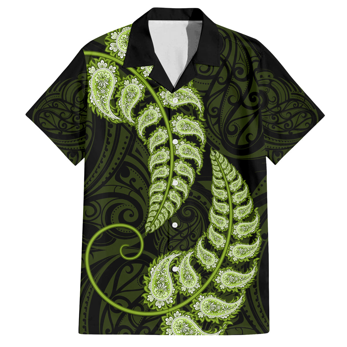 Green New Zealand Paisley Silver Fern Family Matching Tank Maxi Dress and Hawaiian Shirt Aotearoa Maori LT14 Dad's Shirt - Short Sleeve Green - Polynesian Pride