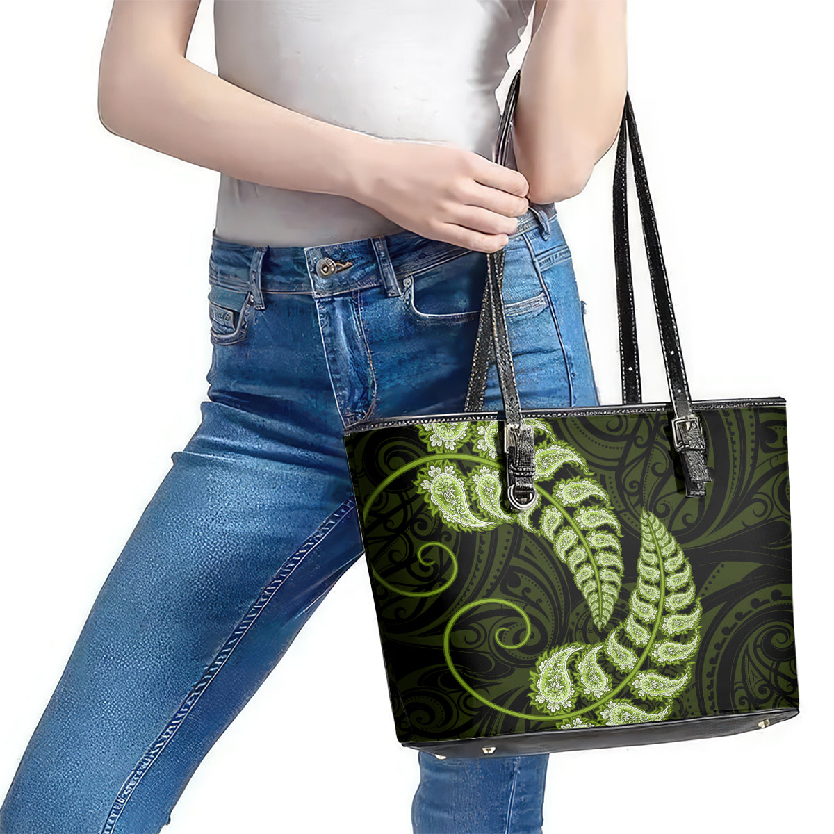 Green New Zealand Paisley Silver Fern Leather Tote Bag Aotearoa Maori LT14 - Polynesian Pride