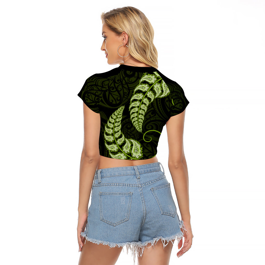 Green New Zealand Paisley Silver Fern Raglan Cropped T Shirt Aotearoa Maori LT14 - Polynesian Pride