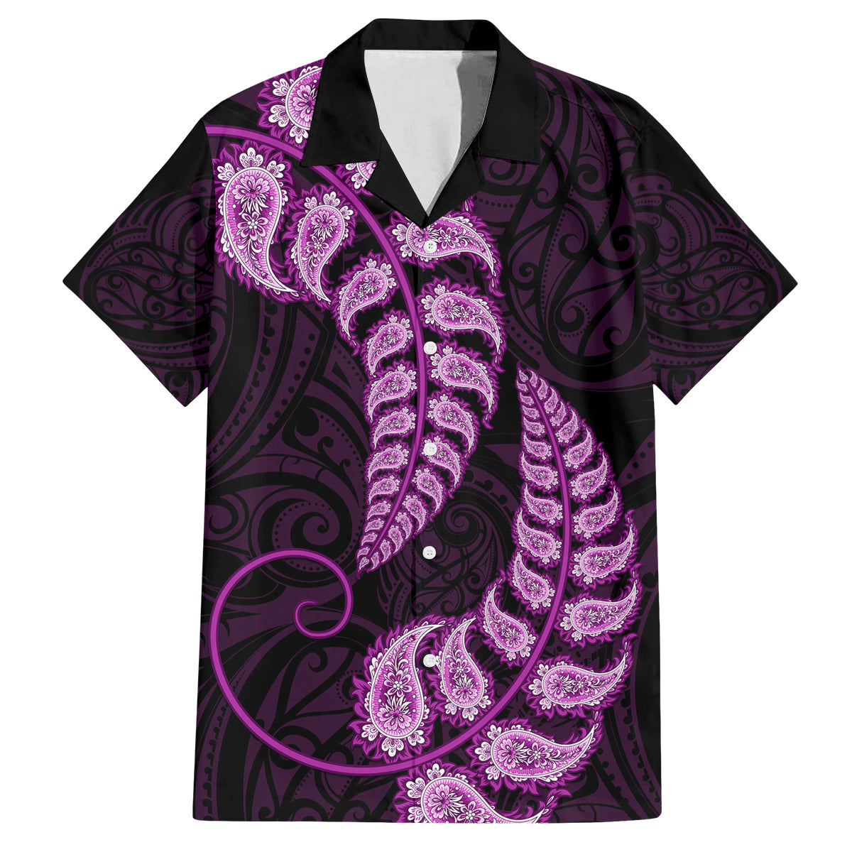 Purple New Zealand Paisley Silver Fern Family Matching Puletasi Dress and Hawaiian Shirt Aotearoa Maori LT14 Dad's Shirt - Short Sleeve Purple - Polynesian Pride