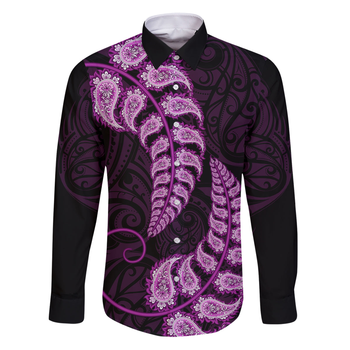 Purple New Zealand Paisley Silver Fern Family Matching Puletasi Dress and Hawaiian Shirt Aotearoa Maori LT14 Dad's Shirt - Long Sleeve Purple - Polynesian Pride