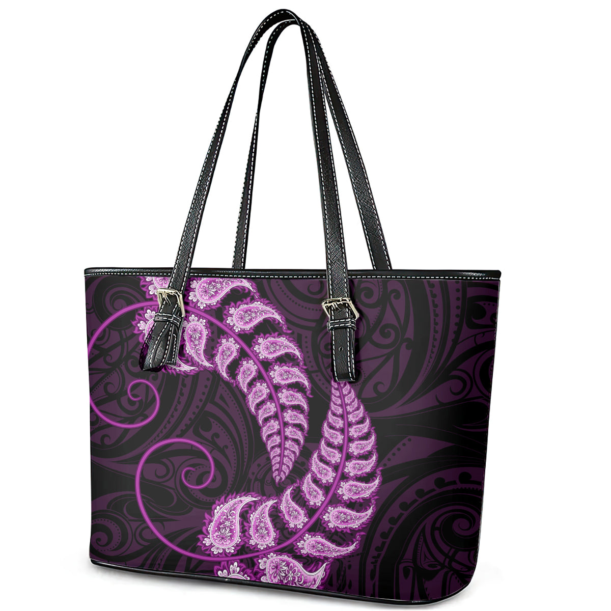 Purple New Zealand Paisley Silver Fern Leather Tote Bag Aotearoa Maori LT14 - Polynesian Pride
