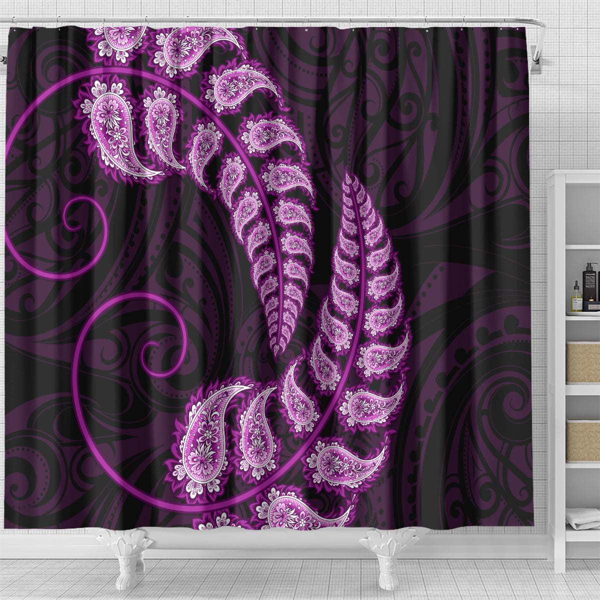 Purple New Zealand Paisley Silver Fern Shower Curtain Aotearoa Maori LT14 - Polynesian Pride