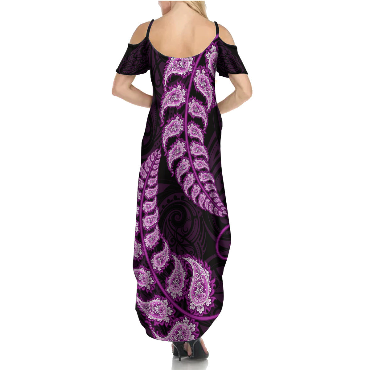 Purple New Zealand Paisley Silver Fern Summer Maxi Dress Aotearoa Maori LT14 - Polynesian Pride