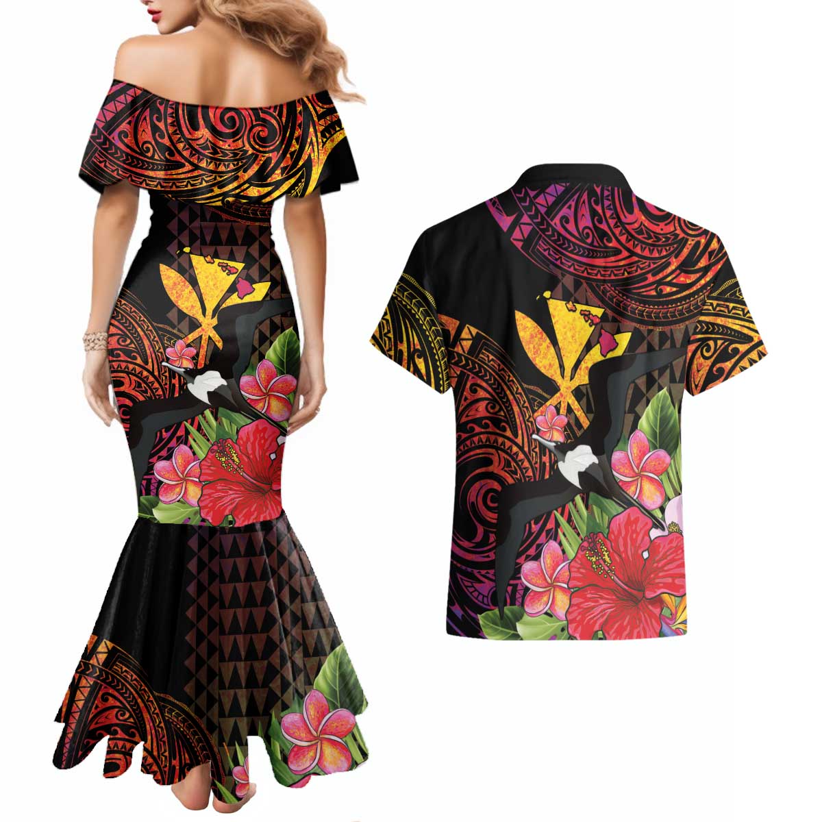 Hawaii Iwa Bird Couples Matching Mermaid Dress and Hawaiian Shirt Great Frigatebird Kanaka Tropical Hippie Style - Polynesian Pride