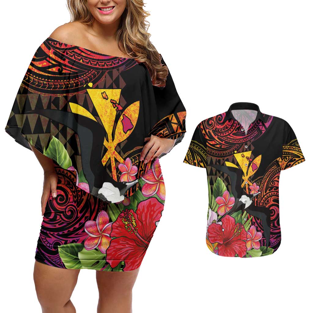 Hawaii Iwa Bird Couples Matching Off Shoulder Short Dress and Hawaiian Shirt Great Frigatebird Kanaka Tropical Hippie Style - Polynesian Pride