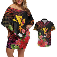 Hawaii Iwa Bird Couples Matching Off Shoulder Short Dress and Hawaiian Shirt Great Frigatebird Kanaka Tropical Hippie Style - Polynesian Pride