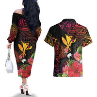 Hawaii Iwa Bird Couples Matching Off The Shoulder Long Sleeve Dress and Hawaiian Shirt Great Frigatebird Kanaka Tropical Hippie Style - Polynesian Pride