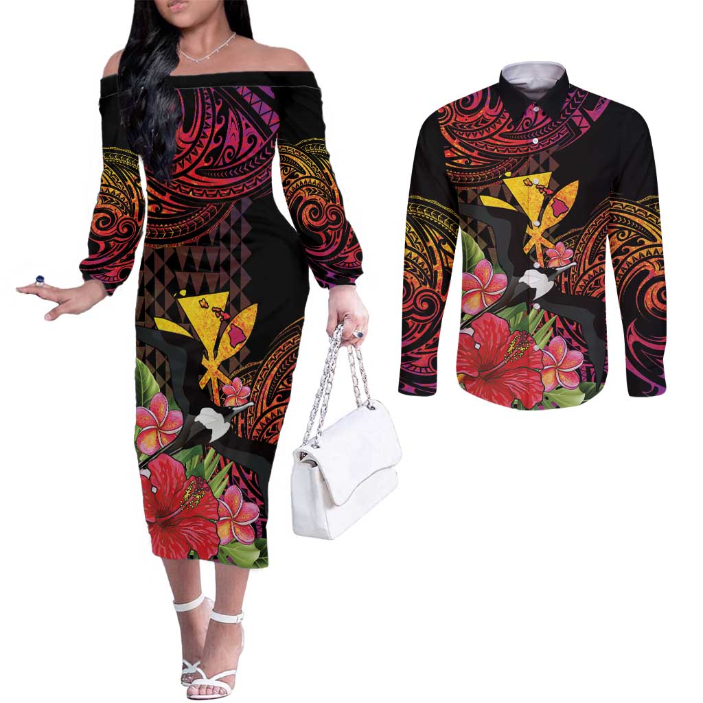 Hawaii Iwa Bird Couples Matching Off The Shoulder Long Sleeve Dress and Long Sleeve Button Shirt Great Frigatebird Kanaka Tropical Hippie Style - Polynesian Pride