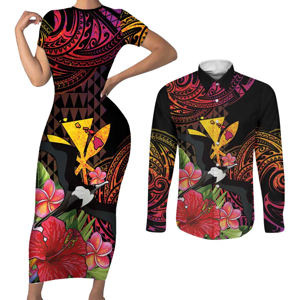 Hawaii Iwa Bird Couples Matching Short Sleeve Bodycon Dress and Long Sleeve Button Shirt Great Frigatebird Kanaka Tropical Hippie Style - Polynesian Pride