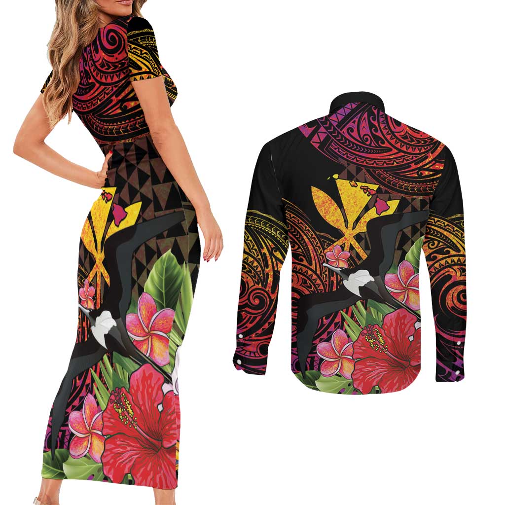 Hawaii Iwa Bird Couples Matching Short Sleeve Bodycon Dress and Long Sleeve Button Shirt Great Frigatebird Kanaka Tropical Hippie Style - Polynesian Pride