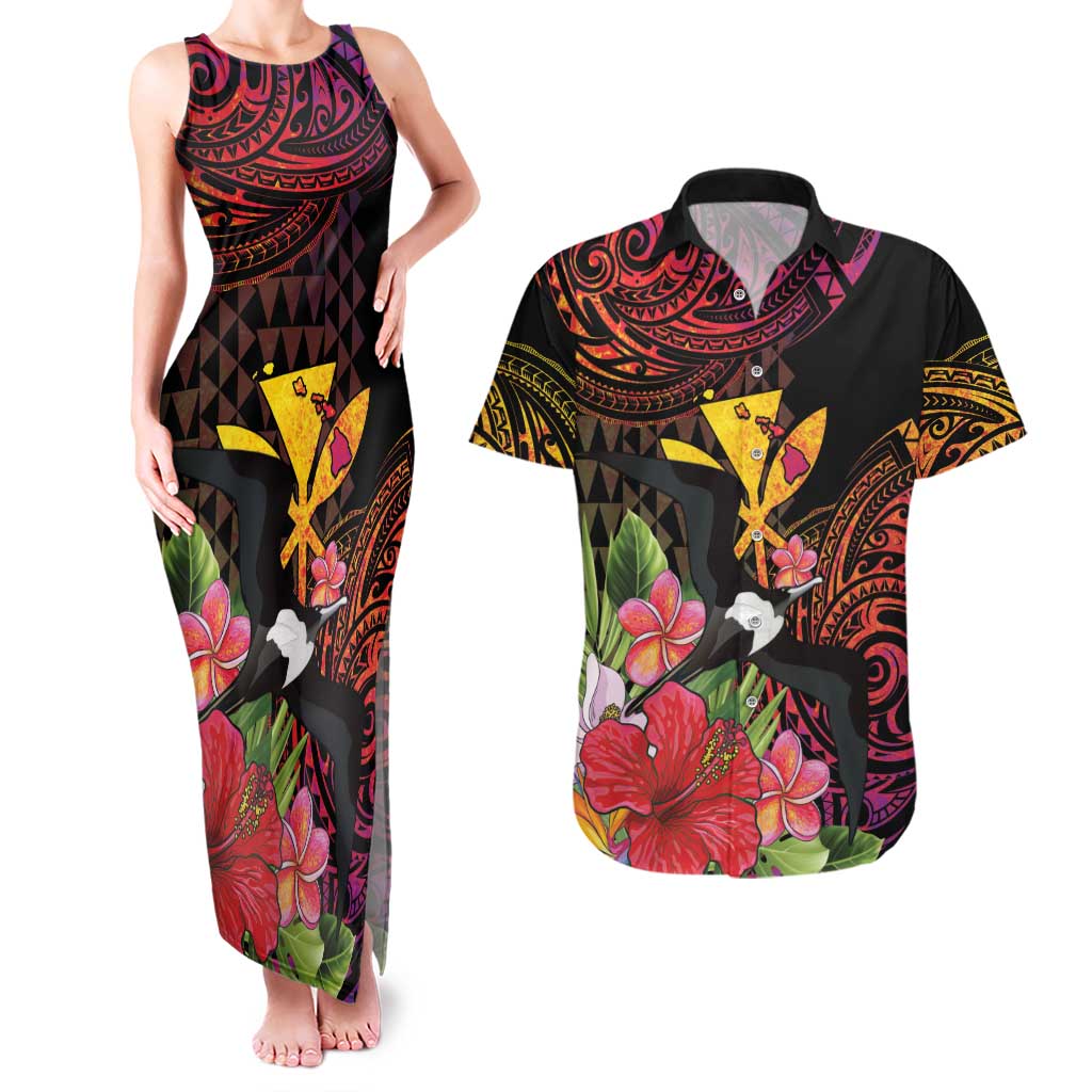 Hawaii Iwa Bird Couples Matching Tank Maxi Dress and Hawaiian Shirt Great Frigatebird Kanaka Tropical Hippie Style - Polynesian Pride