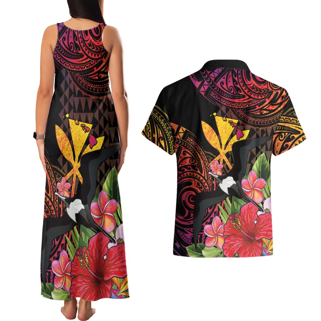 Hawaii Iwa Bird Couples Matching Tank Maxi Dress and Hawaiian Shirt Great Frigatebird Kanaka Tropical Hippie Style - Polynesian Pride