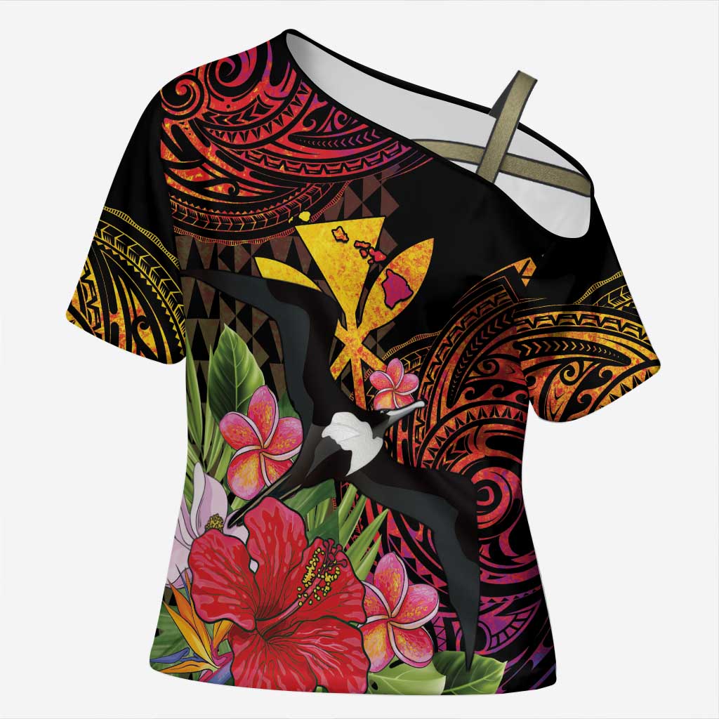 Hawaii Iwa Bird Cross Shoulder Shirt Great Frigatebird Kanaka Tropical Hippie Style LT14 Female Black - Polynesian Pride