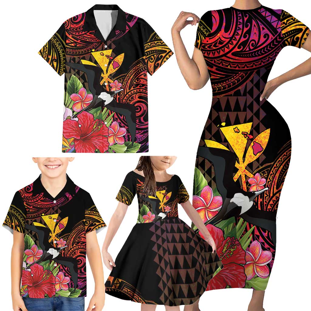 Hawaii Iwa Bird Family Matching Short Sleeve Bodycon Dress and Hawaiian Shirt Great Frigatebird Kanaka Tropical Hippie Style - Polynesian Pride