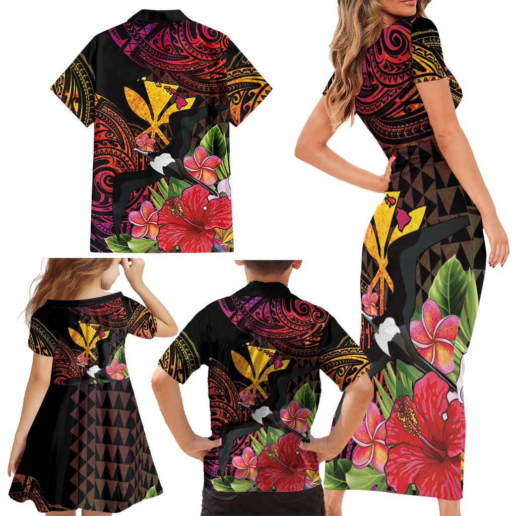 Hawaii Iwa Bird Family Matching Short Sleeve Bodycon Dress and Hawaiian Shirt Great Frigatebird Kanaka Tropical Hippie Style - Polynesian Pride