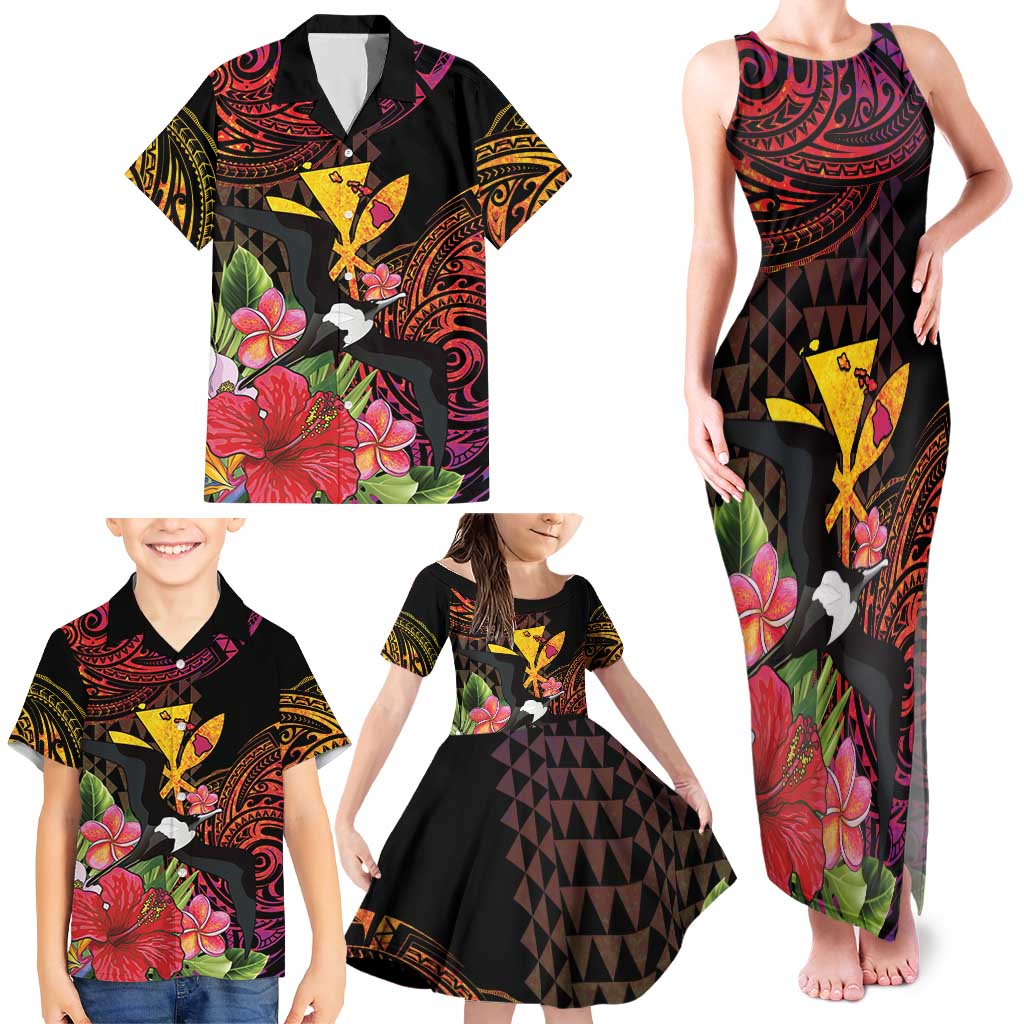 Hawaii Iwa Bird Family Matching Tank Maxi Dress and Hawaiian Shirt Great Frigatebird Kanaka Tropical Hippie Style - Polynesian Pride