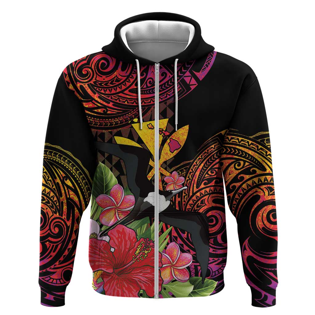 Hawaii Iwa Bird Hoodie Great Frigatebird Kanaka Tropical Hippie Style LT14 Zip Hoodie Black - Polynesian Pride