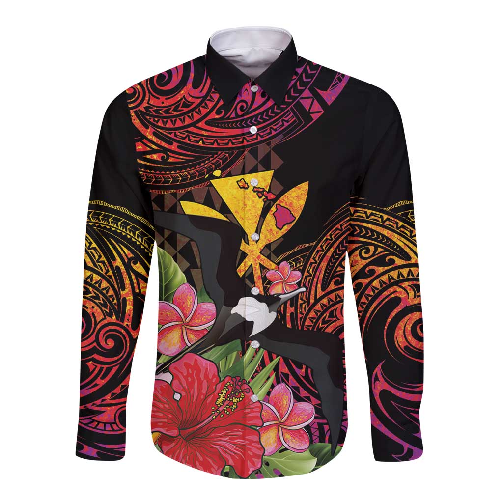 Hawaii Iwa Bird Long Sleeve Button Shirt Great Frigatebird Kanaka Tropical Hippie Style LT14 Unisex Black - Polynesian Pride