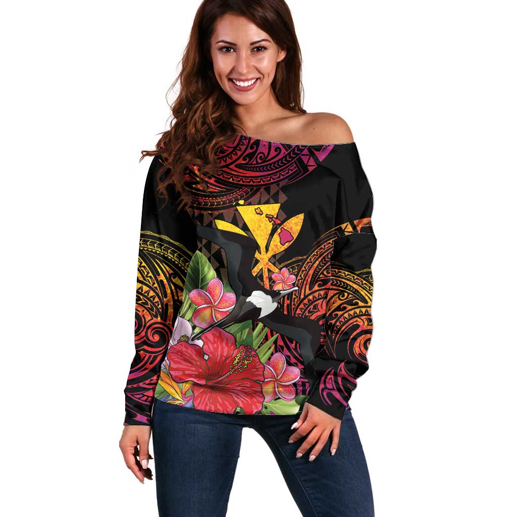 Hawaii Iwa Bird Off Shoulder Sweater Great Frigatebird Kanaka Tropical Hippie Style LT14 Women Black - Polynesian Pride
