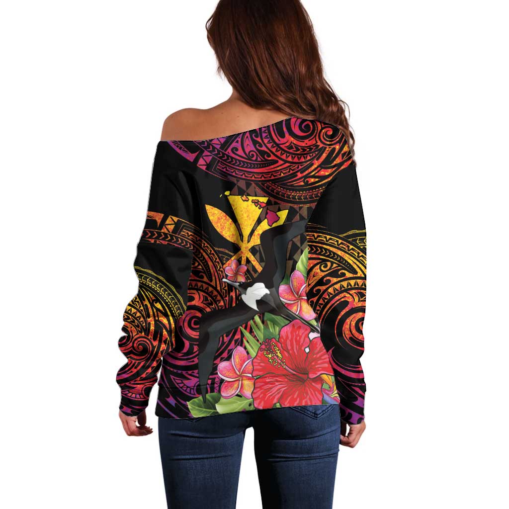 Hawaii Iwa Bird Off Shoulder Sweater Great Frigatebird Kanaka Tropical Hippie Style LT14 - Polynesian Pride