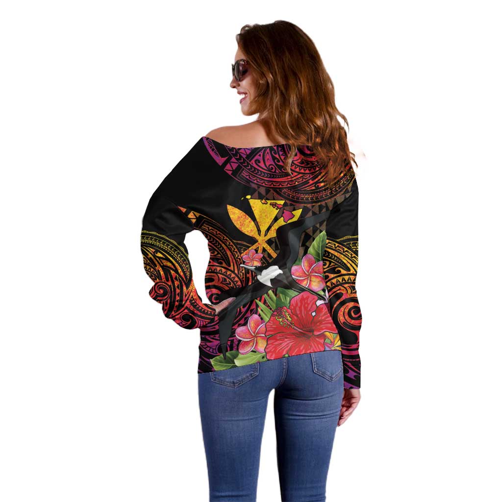 Hawaii Iwa Bird Off Shoulder Sweater Great Frigatebird Kanaka Tropical Hippie Style LT14 - Polynesian Pride