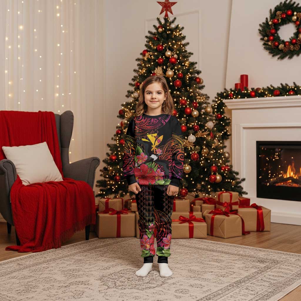 Hawaii Iwa Bird Christmas Pajama Set Great Frigatebird Kanaka Tropical Hippie Style LT14 Kid Black - Polynesian Pride