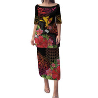 Hawaii Iwa Bird Puletasi Great Frigatebird Kanaka Tropical Hippie Style LT14 Long Dress Black - Polynesian Pride
