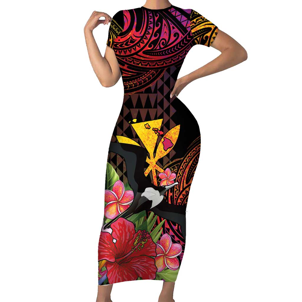 Hawaii Iwa Bird Short Sleeve Bodycon Dress Great Frigatebird Kanaka Tropical Hippie Style LT14 Long Dress Black - Polynesian Pride