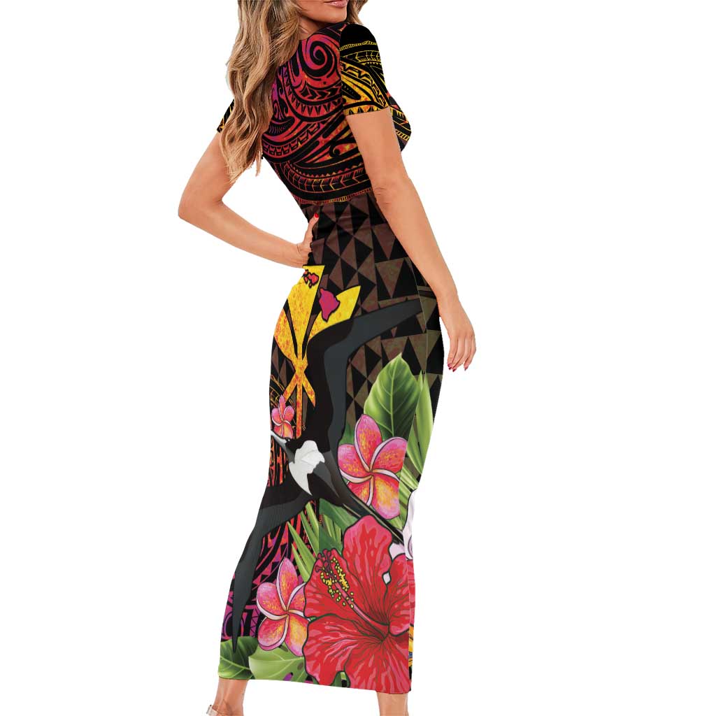 Hawaii Iwa Bird Short Sleeve Bodycon Dress Great Frigatebird Kanaka Tropical Hippie Style LT14 - Polynesian Pride