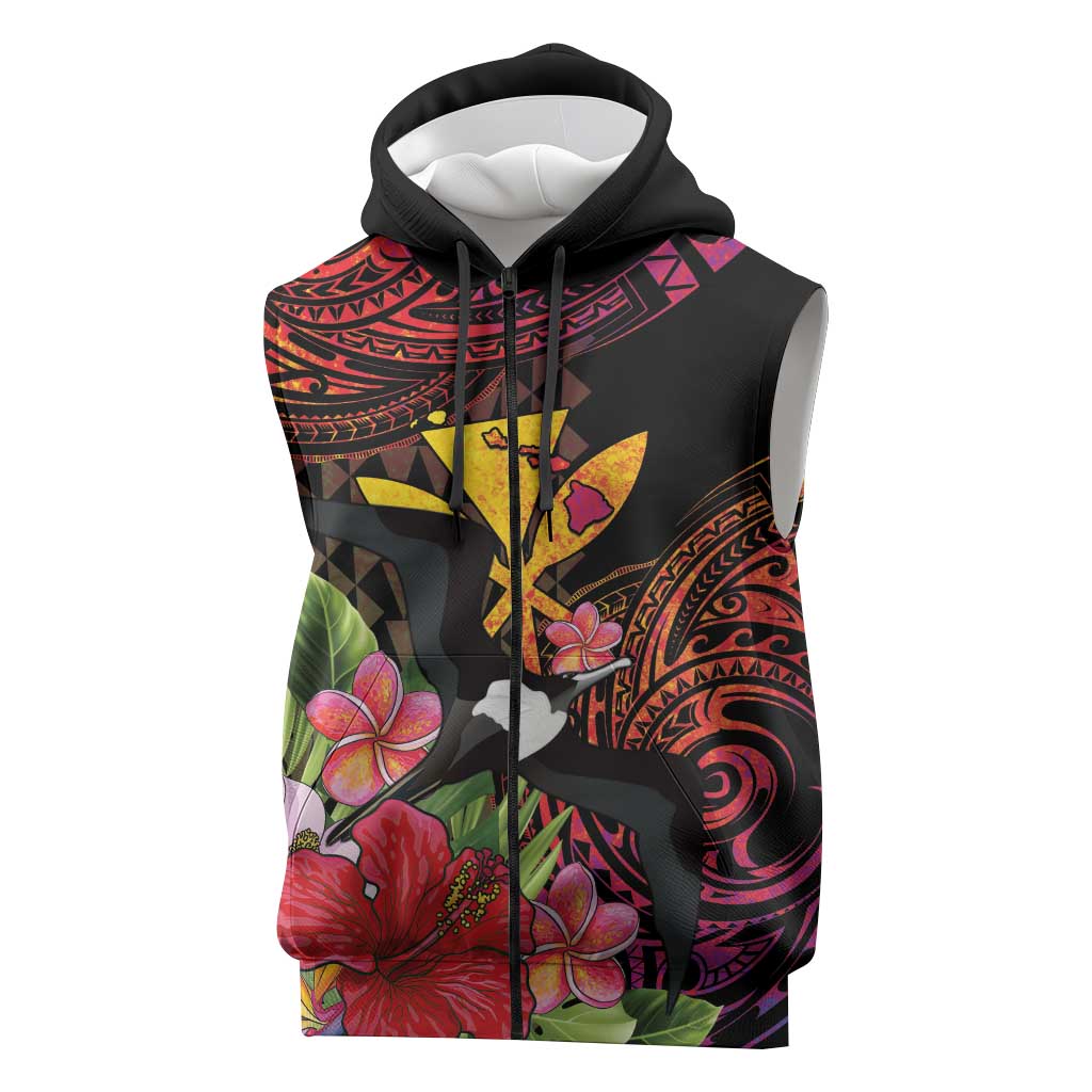 Hawaii Iwa Bird Sleeveless Zip Hoodie Great Frigatebird Kanaka Tropical Hippie Style LT14 Black - Polynesian Pride