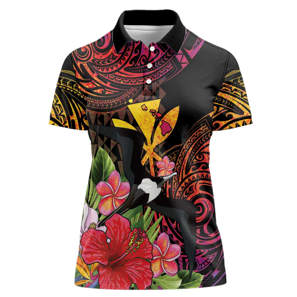 Hawaii Iwa Bird Women Polo Shirt Great Frigatebird Kanaka Tropical Hippie Style - Polynesian Pride