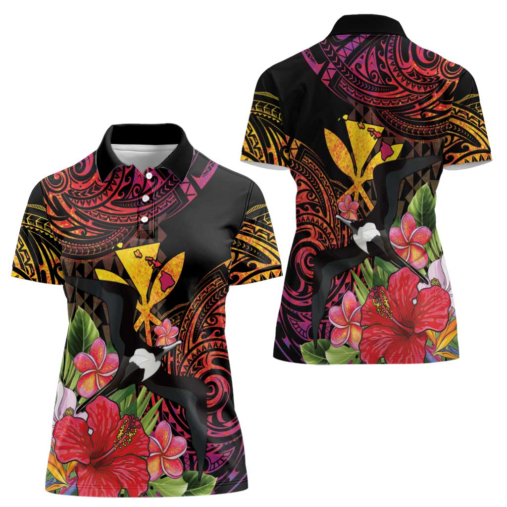 Hawaii Iwa Bird Women Polo Shirt Great Frigatebird Kanaka Tropical Hippie Style - Polynesian Pride