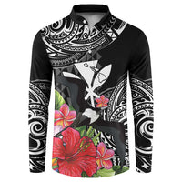 Hawaii Iwa Bird Button Sweatshirt Great Frigatebird Kanaka Tropical Flowers LT14 Black - Polynesian Pride