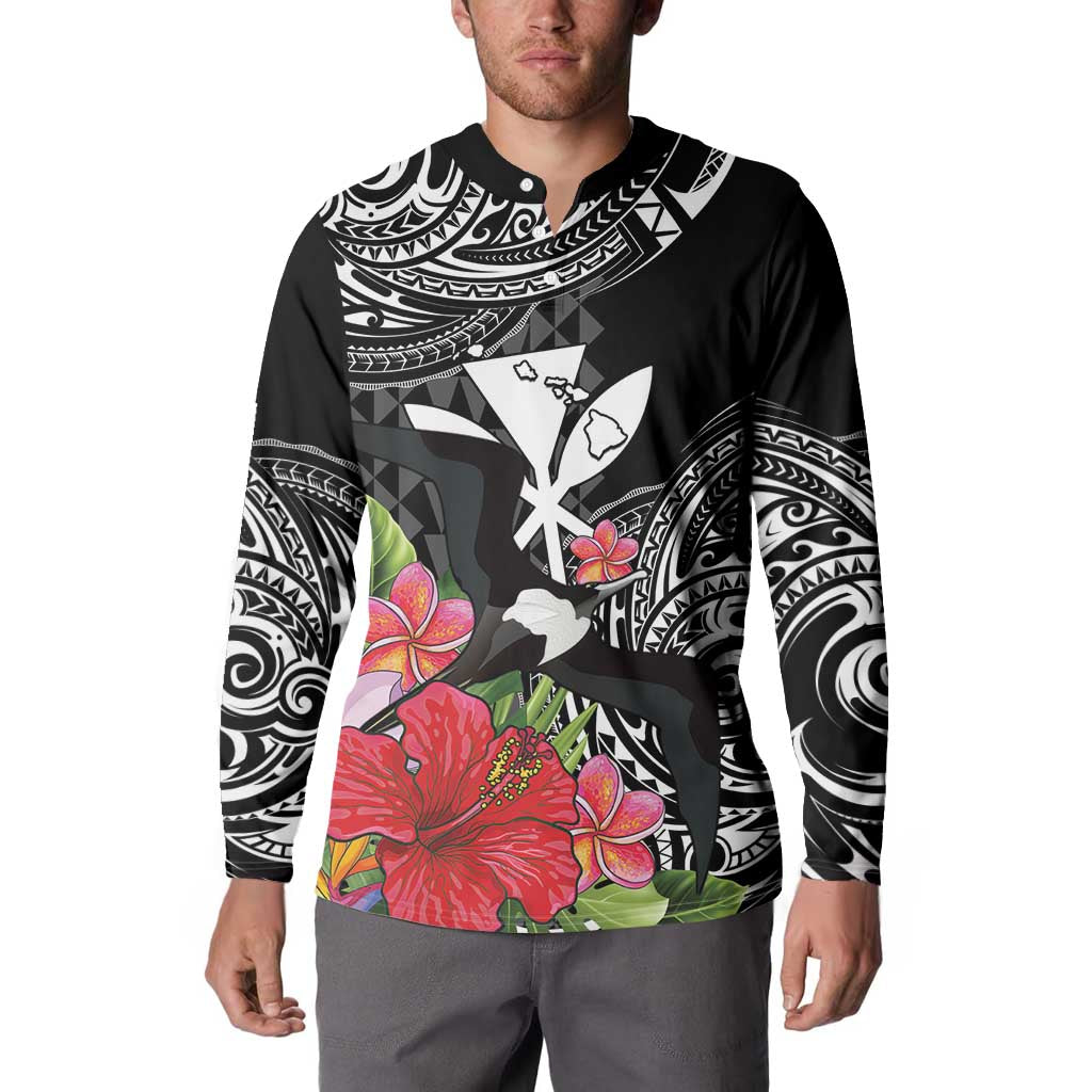 Hawaii Iwa Bird Button Sweatshirt Great Frigatebird Kanaka Tropical Flowers LT14 - Polynesian Pride