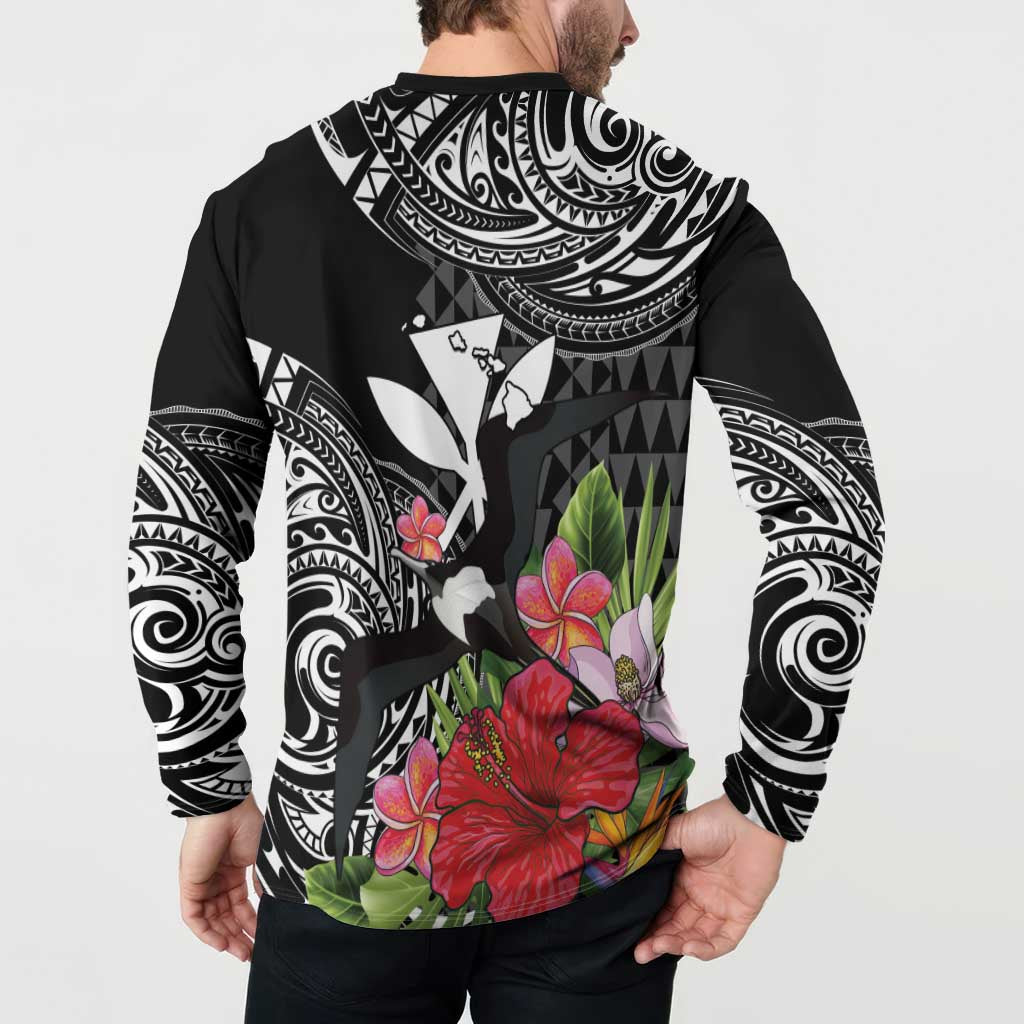 Hawaii Iwa Bird Button Sweatshirt Great Frigatebird Kanaka Tropical Flowers LT14 - Polynesian Pride