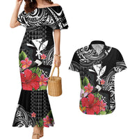 Hawaii Iwa Bird Couples Matching Mermaid Dress and Hawaiian Shirt Great Frigatebird Kanaka Tropical Flowers LT14 Black - Polynesian Pride
