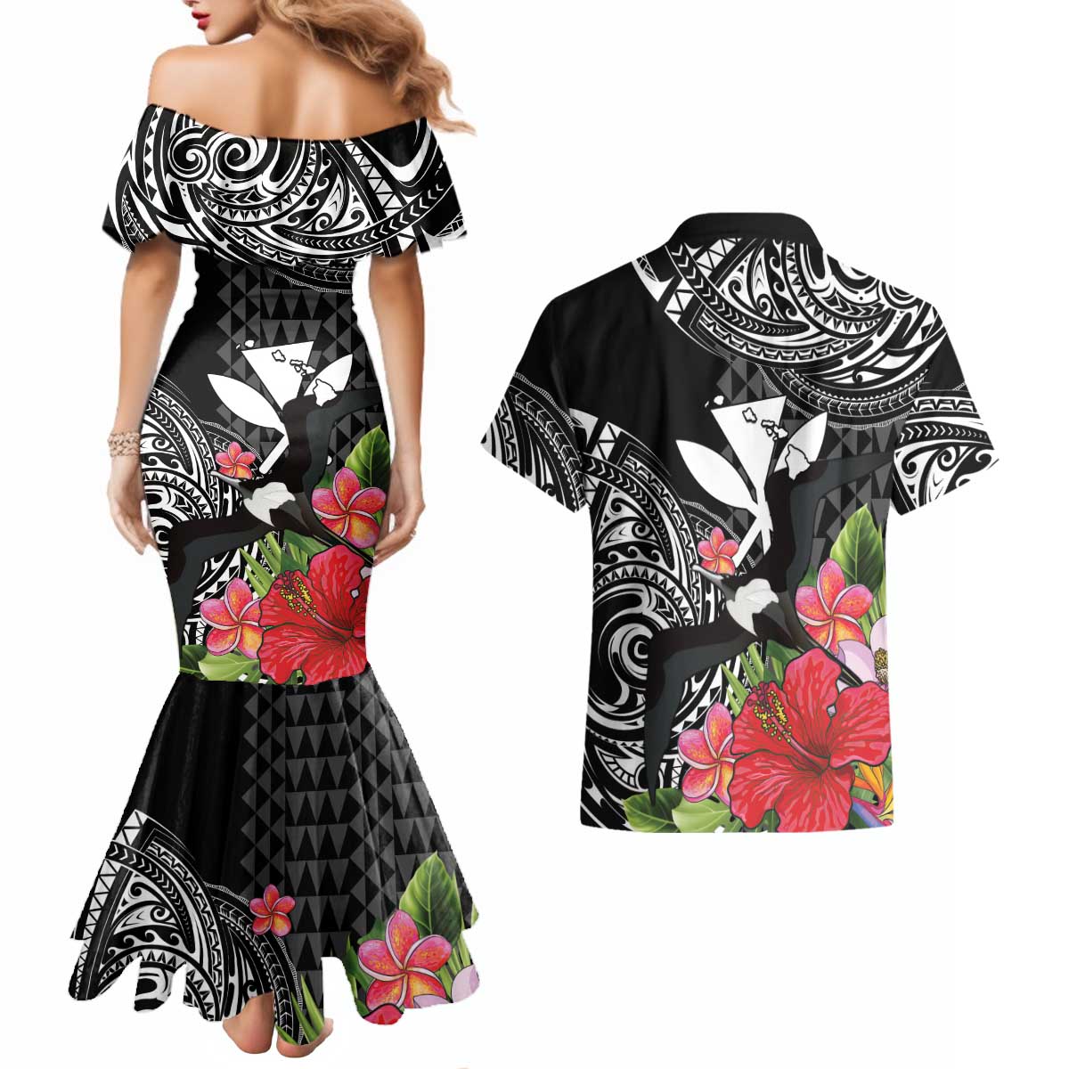 Hawaii Iwa Bird Couples Matching Mermaid Dress and Hawaiian Shirt Great Frigatebird Kanaka Tropical Flowers LT14 - Polynesian Pride