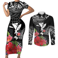 Hawaii Iwa Bird Couples Matching Short Sleeve Bodycon Dress and Long Sleeve Button Shirt Great Frigatebird Kanaka Tropical Flowers LT14 Black - Polynesian Pride