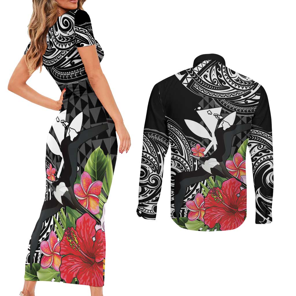 Hawaii Iwa Bird Couples Matching Short Sleeve Bodycon Dress and Long Sleeve Button Shirt Great Frigatebird Kanaka Tropical Flowers LT14 - Polynesian Pride