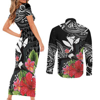 Hawaii Iwa Bird Couples Matching Short Sleeve Bodycon Dress and Long Sleeve Button Shirt Great Frigatebird Kanaka Tropical Flowers LT14 - Polynesian Pride