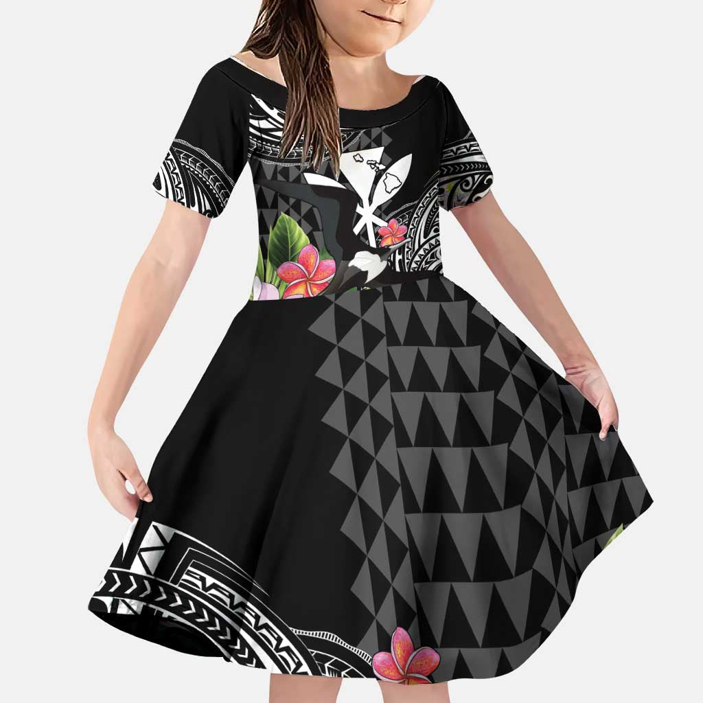 Hawaii Iwa Bird Family Matching Mermaid Dress and Hawaiian Shirt Great Frigatebird Kanaka Tropical Flowers LT14 Daughter's Dress Black - Polynesian Pride