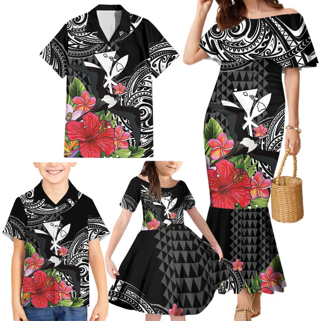 Hawaii Iwa Bird Family Matching Mermaid Dress and Hawaiian Shirt Great Frigatebird Kanaka Tropical Flowers LT14 - Polynesian Pride