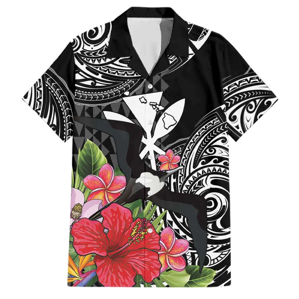 Hawaii Iwa Bird Family Matching Mermaid Dress and Hawaiian Shirt Great Frigatebird Kanaka Tropical Flowers LT14 Dad's Shirt - Short Sleeve Black - Polynesian Pride