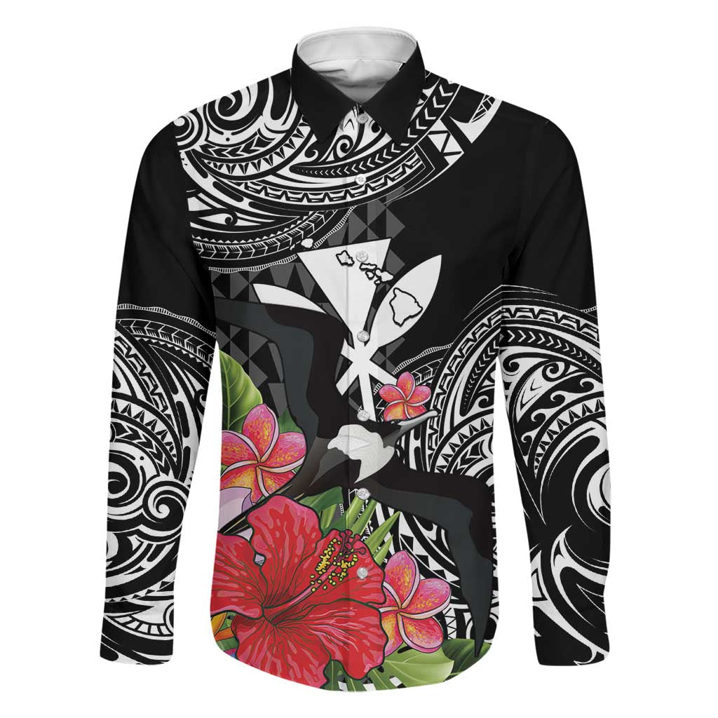 Hawaii Iwa Bird Family Matching Mermaid Dress and Hawaiian Shirt Great Frigatebird Kanaka Tropical Flowers LT14 Dad's Shirt - Long Sleeve Black - Polynesian Pride