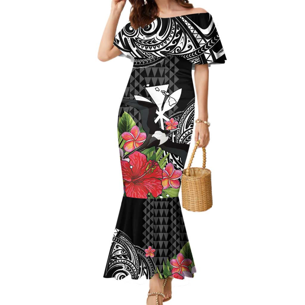 Hawaii Iwa Bird Family Matching Mermaid Dress and Hawaiian Shirt Great Frigatebird Kanaka Tropical Flowers LT14 Mom's Dress Black - Polynesian Pride