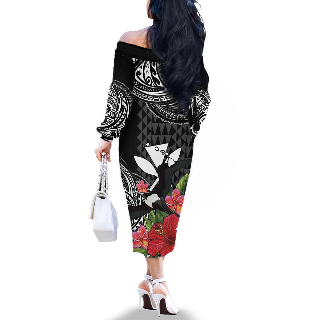 Hawaii Iwa Bird Family Matching Off The Shoulder Long Sleeve Dress and Hawaiian Shirt Great Frigatebird Kanaka Tropical Flowers - Polynesian Pride